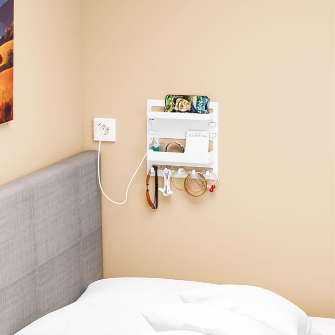 Yieach Bedside Wall Organizer for Dorm Bed,Rv,Small Room and Nightstand,Wall Mounted Floating Shelves and Bedside Shelf for Remote,Phone Holder,Charging Shelf,Cute Bedroom Decor for College Girl,White