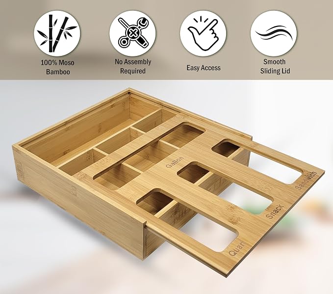 Ziplock Bag Organizer for Drawer – Bamboo Ziploc Bag Holder with Sliding Lid for Gallon, Quart, Snack & Sandwich Bags