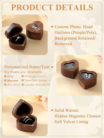 Custom4U Personalized Wedding Ring Box for Proposal Heart Wooden Ring Holder with InitialCustom Name Jewelry Box for Engagement