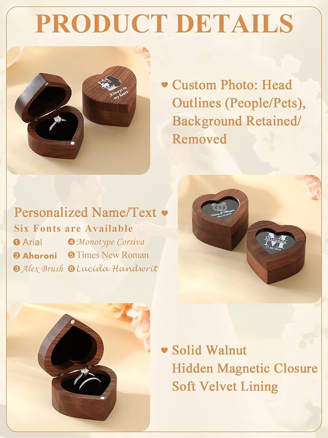 Custom4U Personalized Photo Wooden Ring Box Wedding Day Engagement Ring Holder with Name Vintage Ring Bearer Box for Ceremony Proposal Jewelry Gifts