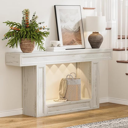 Rresyet 63" Console Table, 2-Tier Entryway Table with Sensor Lights, Coffee Table Behind The Sofa, with U-Shaped Base Suitable for Entryways, Living Rooms, Corridors, and Foyers(White)
