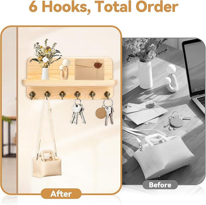 Key Holder for Wall, Mail Organizer Wall Mount with 6 Hooks Wooden Hanging Key Rack for Home Decor, Hallway, Entryway (Wood Color)