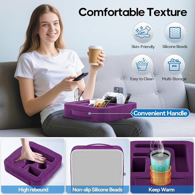 Couch Cup Holder Pillow, Sofa and Bed Caddy for iPad, Kindle, Switch, Game Controller, Remotes, Phones, Small-Sized Cup and Drink Holder for Couch, Bed, Desk, Car, Beach, Bathroom Cup Holder, Purple
