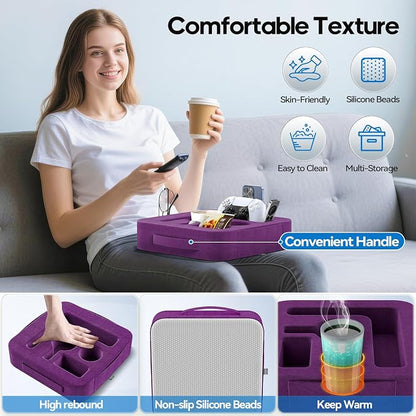 Couch Cup Holder Pillow, Sofa and Bed Caddy for iPad, Kindle, Switch, Game Controller, Remotes, Phones, Small-Sized Cup and Drink Holder for Couch, Bed, Desk, Car, Beach, Bathroom Cup Holder, Purple