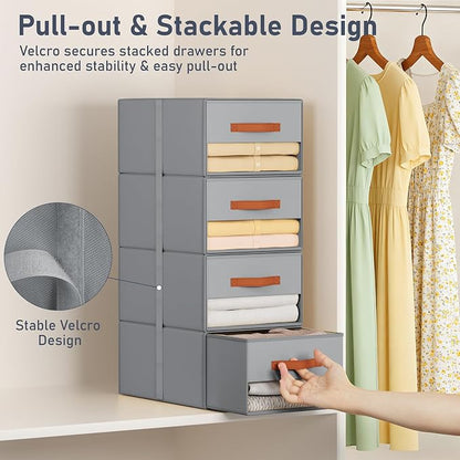 DIMJ Closet Organizers and Storage - Fabric Bins with Drawers for Closet Clothes Organizers with Clear Window, Stackable Storage Drawers Units for Bedroom, Living Room, 4 Pack, Grey