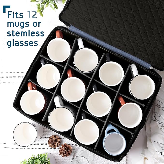 Coffee Mug Storage, 2 Pack Quilted and Stackable Coffee Cup Storage Organizer for Service of 24, Mug Storage Box with Dividers, China Containers Hard Shell for Moving and Organization, Blue
