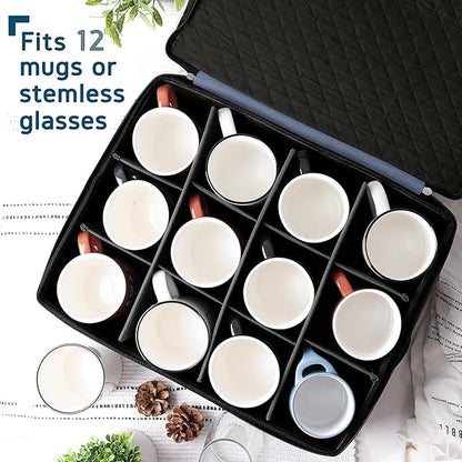 Fine China Storage Containers, 5 Piece Quilted Dish Storage Containers, Mug, Cup, and Plate Dish Organizer with Felt Dividers, Service of 12 Dinnerware Boxes for Moving, Seasonal Organization, Blue