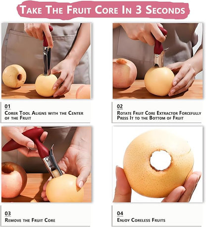 Apple Corer, Stainless Steel Fruit Core Remover with Ergonomic Grip, Sharp Serrated Blade for Apples and Pears, Dishwasher Safe Kitchen Gadget for Baking & Snack Prep (Red)