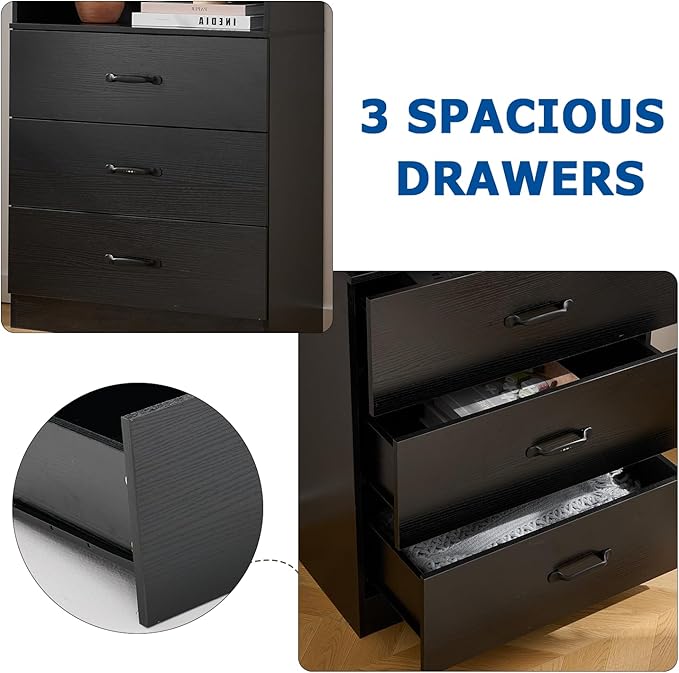 Tall Bookshelf with 3 Open Shelves and 3 Drawers, Wooden Bookcase with Storage Cabinet for Living Room, Bedroom, Home Office, Black