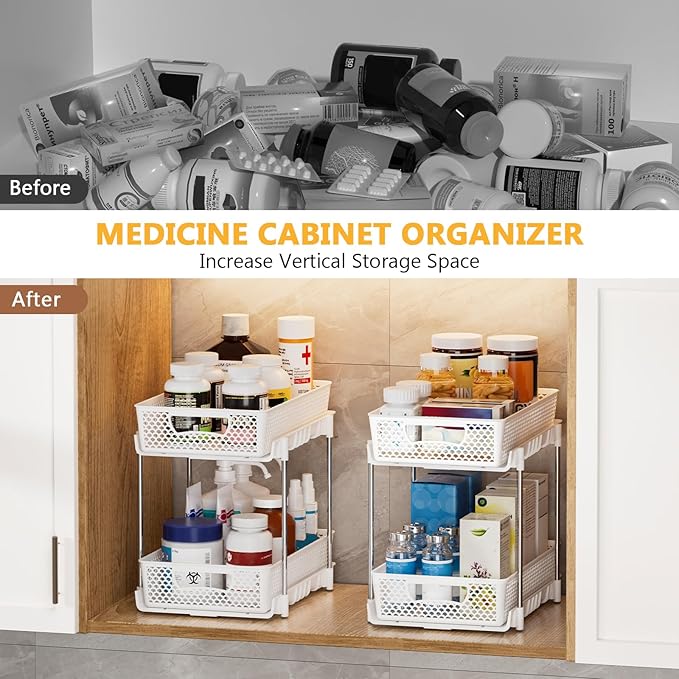 2 Pack Pull Out Bathroom Organizers and Storage, 2 Tier Stackable Under Sink Storage Organizer for Bathroom, Kitchen Cabinet, Pantry, and Medicine Holder, Organization and Storage - White