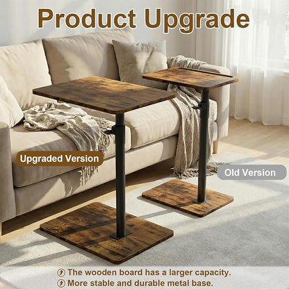 YUHFERA Sofa Armrest Tray Table for Couch - 360 Swivel Height Adjustable End Table for Small Spaces, Snack Side Table for Bed or Chair with Phone & Tablet Slot (Rustic, Enlarged)