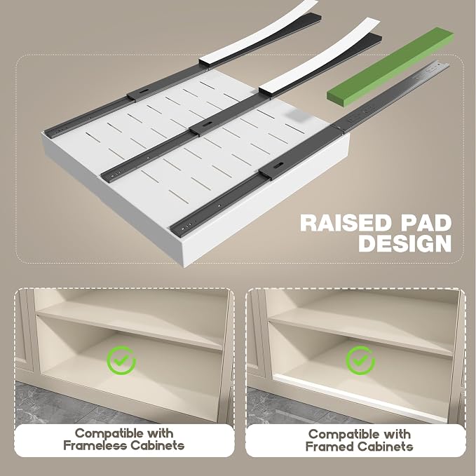 Seinloes 6 Pack Pull Out Cabinet Organizer 21" Deep,Full Extension 3 Slide Rails Slide Out Drawers With Raising Pad for Framed Cabinets,Expandable Width (12.3"-20.5"),No Drill Roll Out Shelves,White