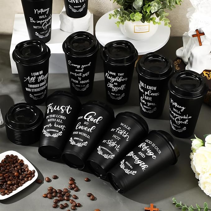 Skylety 20 Pack Christian Gifts for Men Women 16oz Reusable Bible Verse Tumbler Bulk Plastic Coffee Cups with Lids Inspirational Religious Church Gifts for Valentine Easter Birthday (Black)