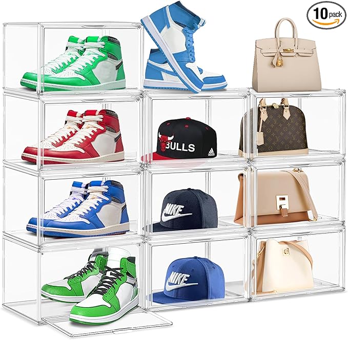 10 Pack Acrylic Clear Shoe Organizers, Size 13 Sneaker Display Case Magnetic Door Shoe Container, Transparent Shoe Boxes for Toy Hat Collectible in Entryway, Hallway, Closet, Underbed