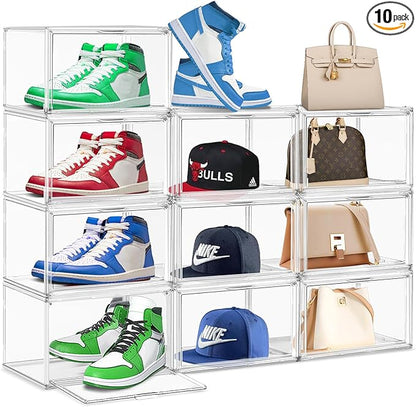 10 Pack Acrylic Clear Shoe Organizers, Size 13 Sneaker Display Case Magnetic Door Shoe Container, Transparent Shoe Boxes for Toy Hat Collectible in Entryway, Hallway, Closet, Underbed