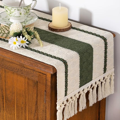 Socomi Boho Table Runner Valentine's Day Farmhouse Rustic Dining Kitchen Centerpiece Decor Small Macrame Woven Cotton Linen Coffee Table Runner for Dresser Scarf Home Decor 12x90 inch Olive Green