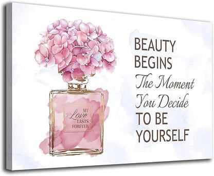 Fashioner Perfume Canvas Wall Art Gold Bottle Pink Flower Canvas Pictures Brown Inspirational Words Canvas Prints Motivational Quetos Wall Decor for Bathroom Bedroom Powder Room 16" X 12"