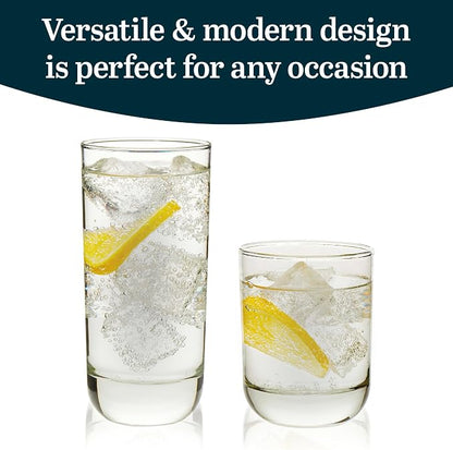 Libbey Drinking Glasses Polaris Tumbler and Rocks Set of 16, Clear, Sturdy Drinkware Glasses Set, Kitchen Glassware for Cocktails, Soda, and More