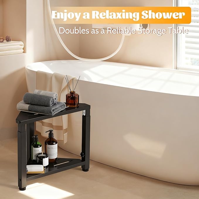 Shower Foot Rest, 12.6"-15.8"-19" Adjustable Heigh Shower Stool for Inside Shower, Stainless Steel Waterproof Shower Stool for Shaving Legs, Corner Bench Caddy with Storage Shelf for Bath Small Space