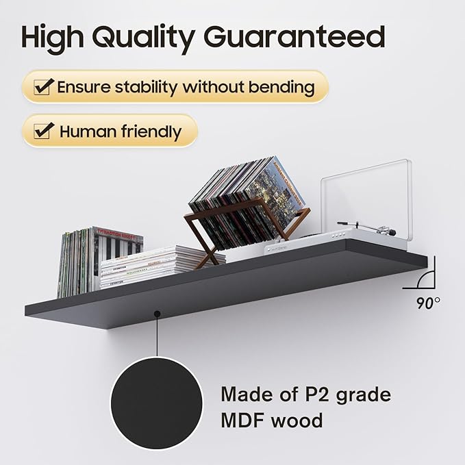 JPND Floating Shelf, Set of 2 Wall Shelf, 24 in W x 12.75 in D x 2 in H Wooden Floating Wall Shelf with Invisible Brackets for Living Room/Bedroom/Bathroom/Kitchen Storage and Decor, Black