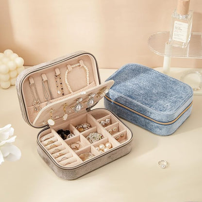 CASEGRACE Plush Velvet Travel Jewelry Box, Portable Jewelry Case for Women Girls, Double Layer Jewelry Organizer Display Box for Necklace Earring Rings Bracelet, Travel Accessory Gifts, Grey
