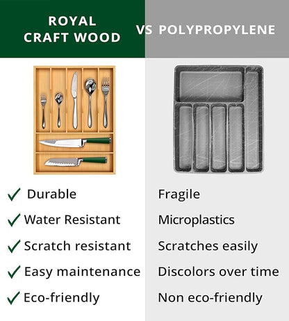 ROYAL CRAFT WOOD Luxury Bamboo Utensil Rack and Silverware Organizer, Kitchen Drawer Organizer - Utensil Holder and Cutlery Tray with Grooved Drawer Dividers for Flatware 7 Slot, Natural