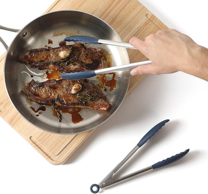Calphalon Edge 2 Piece Stainless Steel Kitchen Tongs Set W/Silicone Heads - Navy Blue
