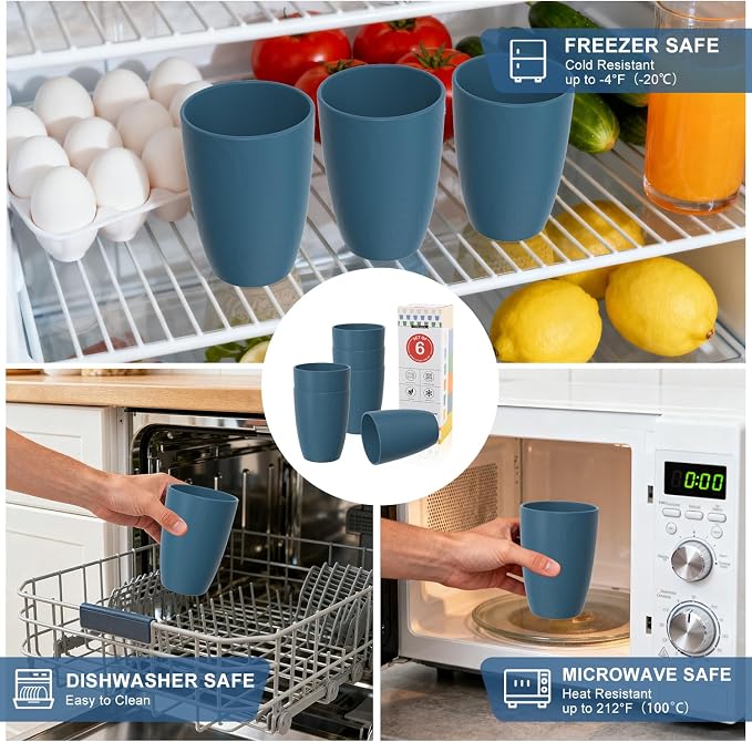 Wheat Straw Drinking Cups Set of 6, 16 OZ Unbreakable & Lightweight Plastic Cups Reusable, Dishwasher Safe Tumblers for Camping, Kitchen, RV, Party， Dark Blue