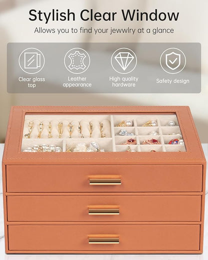 AKOZLIN Jewelry Box with Clear Lid Functional Leather Jewelry Storage Organizer Case 3 Drawers for Women Girls Necklace Ring Bracelet Earring