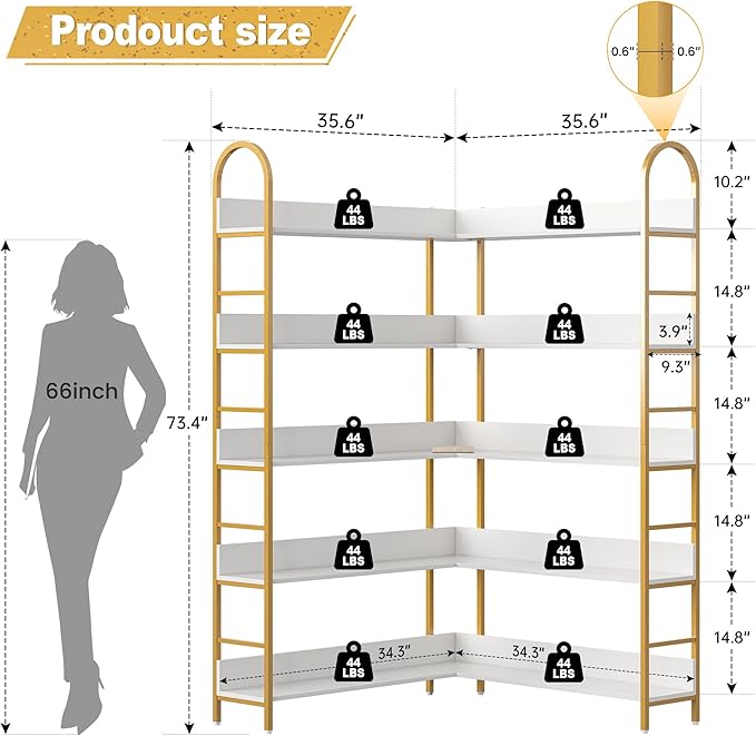 Nosepen Corner Bookshelf, 5 Tiers Tall Open Corner Etagere Bookcase Storage Organize, L-Shaped Large Corner Bookshelves, Corner Shelf Storage Display Rack with Metal Frame for Living Room Home Office