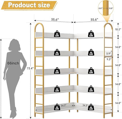 Nosepen Corner Bookshelf, 5 Tiers Tall Open Corner Etagere Bookcase Storage Organize, L-Shaped Large Corner Bookshelves, Corner Shelf Storage Display Rack with Metal Frame for Living Room Home Office