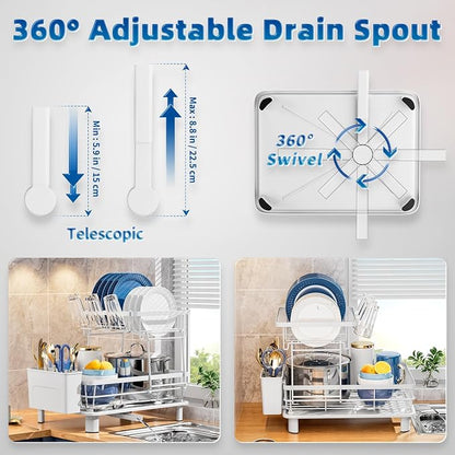 GAOKASE Dish Drying Rack, Stainless Steel-Dish Rack, Dish Racks for Kitchen Counter, Kitchen Dish Drainers with Removable Utensil Holder,New Drain Outlet,Plate Rack and Drainboard (White 3)