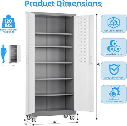 Metal Garage Storage Cabinet with Wheels, 71" H×32" W×16" D Metal Storage Cabinet with 5 Adjustable Shelves,Pegboard and Lockable Doors for Garage Home Office Utility Room,Required Assembly