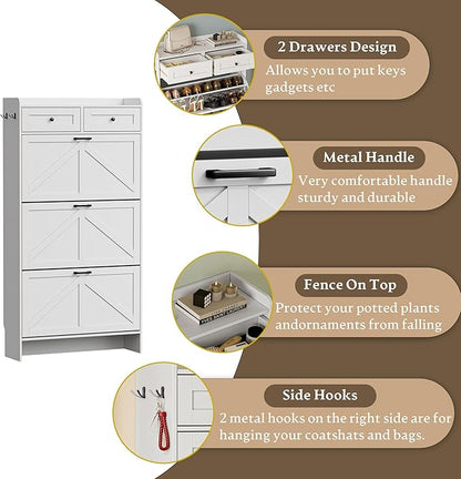 Shoe Storage Cabinet for Entryway, Farmhouse Narrow Shoe Cabinet with 3 Flip Drawers & 2 Top Drawers, Adjustable Shelves & Hooks, Freestanding Hidden Rack Organizer for Hallway, Foyer