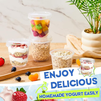 Jingmore 80 Pack 9.5oz Clear Plastic Yogurt Parfait Cups Disposable Overnight Oats Containers with Lids and Spoons Cake Fruit Jars for Food Storage Salad Ice Creams Pudding Snacks (Round Style)