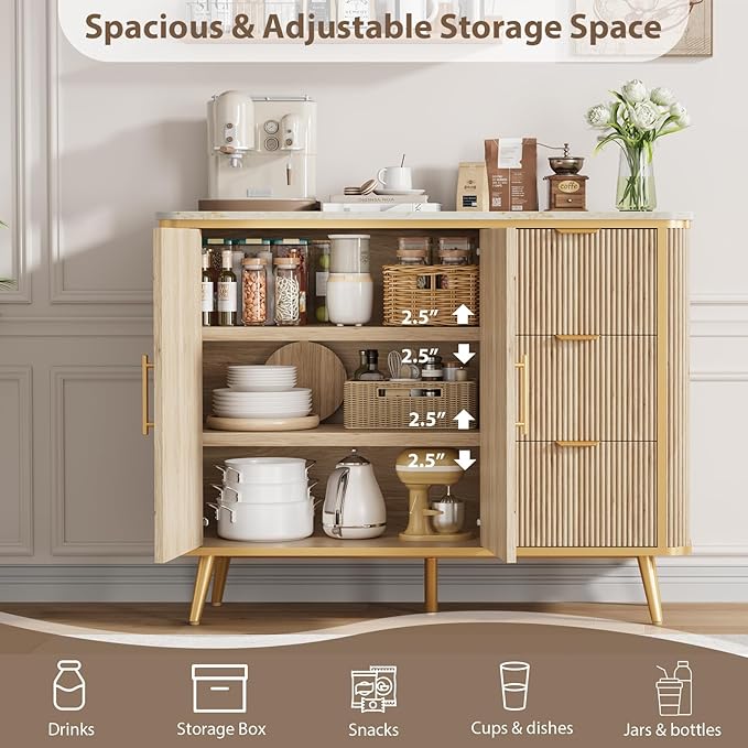 47.3" Modern Buffet Cabinet with Storage, Kitchen Sideboard Buffet with 2 Door & 3 Drawers, Fluted Caffee Bar Storage Cabinet for Dining Room, Living Room, Entryway, Natural Oak