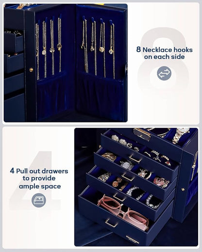 Homde Mothers Day Gifts Synthetic Leather Huge Jewelry Box Mirrored Watch Organizer Necklace Ring Earring Storage Lockable Gift Case (Dark Blue + Gold)