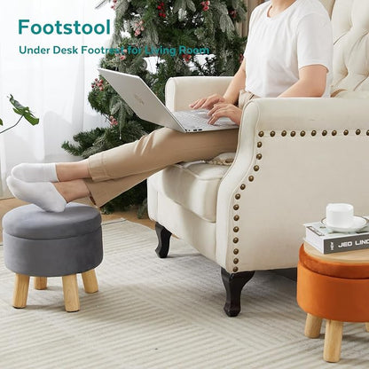 Small Foot Stool Ottoman with Storage, Velvet Ottoman Foot Rest for Couch, Round Footstool with Storage, Small Ottomans and Footstools for Living Room and Entryway (Orange)