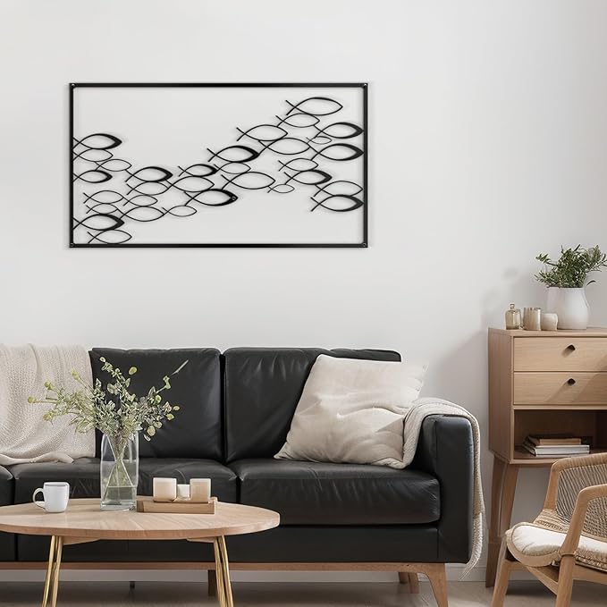 SIGNLEADER Metal Wall Decor Fish School Minimalist Modern Abstract Wall Sculpture Hangings Home Decoration for Living Room, Bedroom, Bathroom, Kitchen, Outdoor - 24" Black