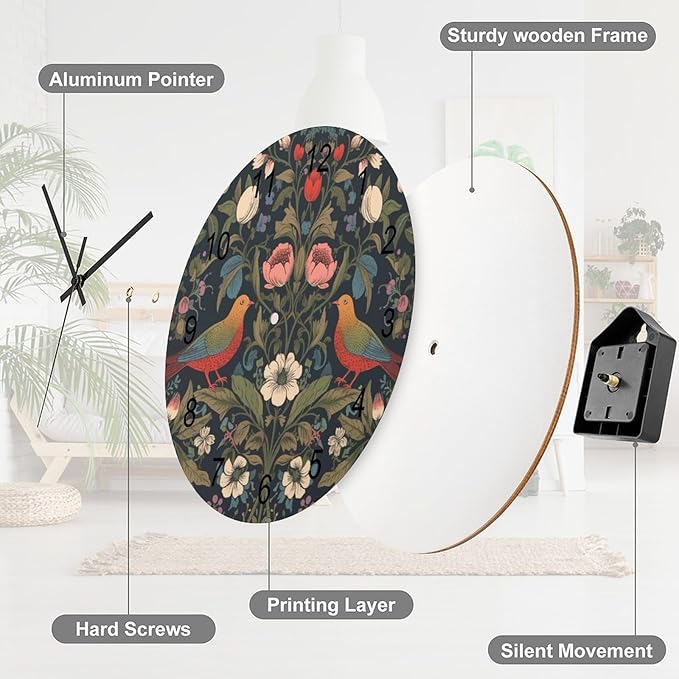 William Morris Wall Clock, Vintage Art Rustic Floral Botanical Bird Round Clocks Wall Decor Silent No Ticking 12 Inch Wooden Clock for Bedroom Living Room Home Office