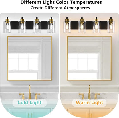 Bathroom Light Fixtures,Matte Black and Gold 4-Light Bathroom Lights with Clear Glass Shade,Modern Wall Sconces Over Mirror for Bathroom
