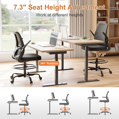 Drafting Chair,Tall Office Chair with Adjustable Footrest Ring,Lumbar Support,Ergonomic High Desk Seat,Flip-Up Armrests,Breathable Mesh Standing Stool for Home Office,Black