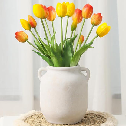 Ceramic Flower Vase Home Decor - Farmhouse Rustic White Table Vases with Handle Living Room Decoration Decorative Vintage Pottery for Kitchen Shelf Coffee Dining Desk Bookshelf Fireplace (7.6" Rustic)