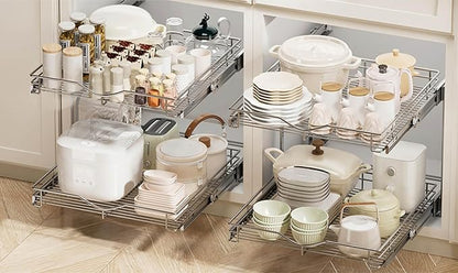 DINDON 2 Tier Pull Out Cabinet Organizer (20" W X 21" D), Double Tier Wire Basket Slide Out Shelf Storage for Kitchen Base Cabinet Organization for Kitchen, Pantry, Bathroom, Chrome