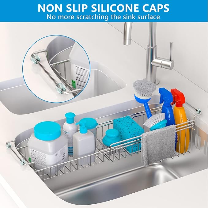 FavoThings Over The Kitchen Sink Caddy Sponge Holder Organizer Drying Rack Expandable for Sponge Brush Soap Dish Cloth Rag Smaller 14.5" to 22", Stainless Steel