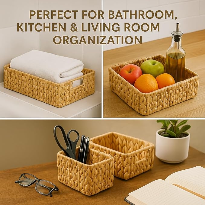 Natural Water Hyacinth Storage Baskets, 3-Piece Handwoven Nesting Organizer Set, Decorative Woven Containers for Bathroom, Kitchen, Living Room (Set 3 Rectangular Baskets – No Lids)