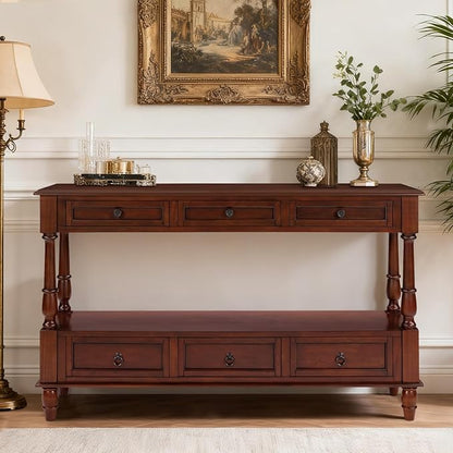 Vintage Solid Wood Console Table with 6 Drawers - 54" Hallway Sofa Table with Bottom Shelf for Entrance, Living Room & Foyer, Cherry