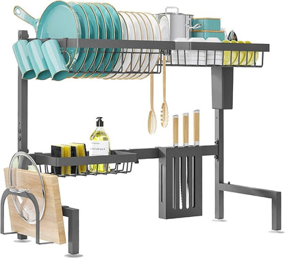 Sakugi Over The Sink Dish Drying Rack - Adjustable 2 Tier Large Capacity Stainless Steel Drainer with Cutlery & Utensil Holders, Kitchen Storage & Organization, 30"-33.9" L x 11" W x 21.5" H, Gray