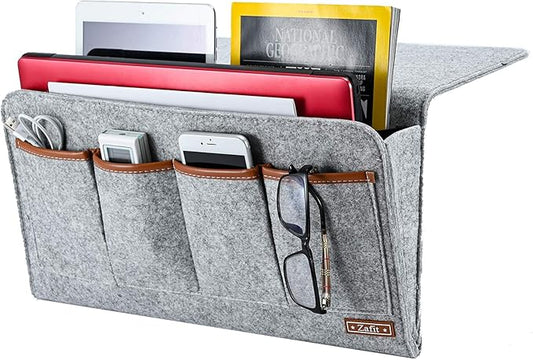 Zafit Bedside Caddy, Large Size Storage Organizer with 7 Pockets for Magazine, Remotes, Phone (17.3'' x 18.1'', Light Grey)