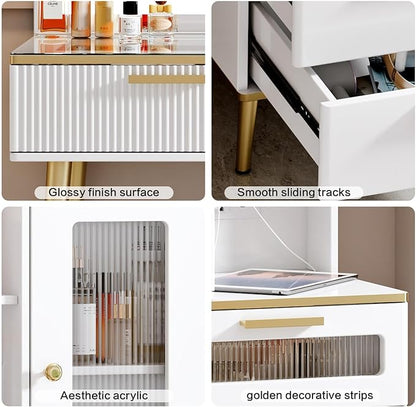 Vanity Desk with 29.53" HD Lighted Mirror, 47.24" Big Modern Vanity Desk with Mirror and Lights, Makeup Vanity with 5 Drawers and Storage Shelves and Charging Station, White